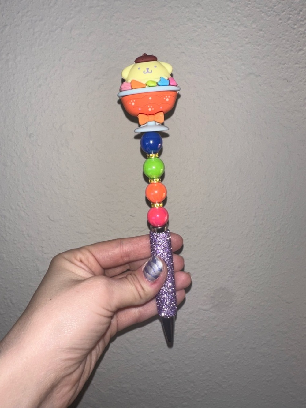 Cute Rainbow Pompompurin Beaded Character Pen - Purple Glitter Handle